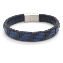 New Model Stainless Steel Magnetic Clasp Blue Bracelet Men Leather